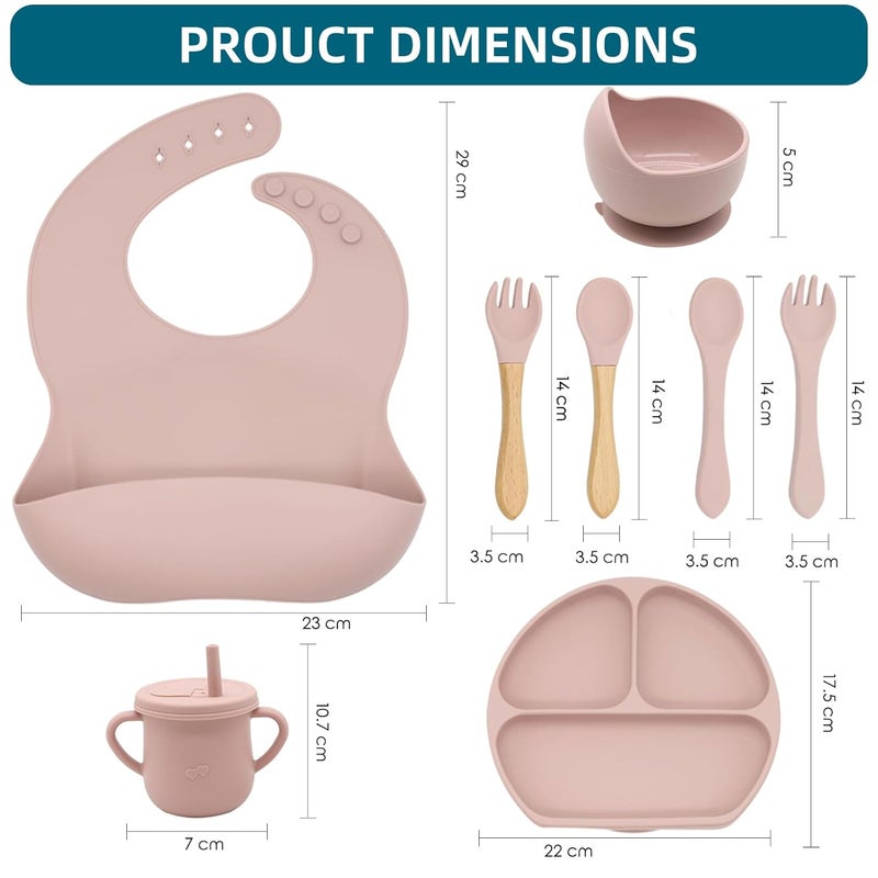 Dormlony 100% Silicone Baby Feeding Set,BPA Free Baby Dishes Set with Suction Bowl Divided Plate,Toddler Self Feeding Dish Set with Spoons Forks Sippy Cup and Bib, Baby Eating Utensils (Pink) - Image 2